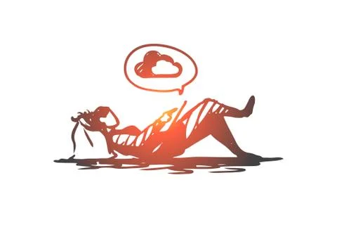 Man, working, cloud service, remote work concept. Hand drawn isolated vector. Ilustração Stock
