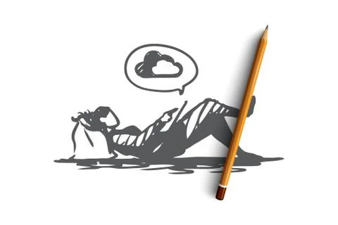 Man, working, cloud service, remote work concept. Hand drawn isolated vector. Ilustração Stock