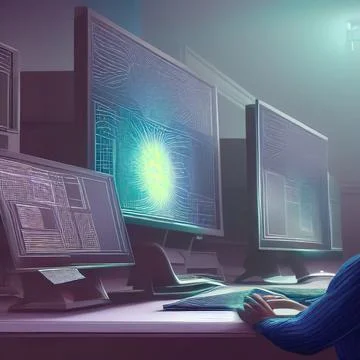 Man working with a computer with 3 screens, designing new technologies Stock Illustration