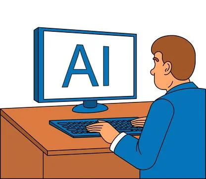Man working at a computer with AI text on screen. Concept of artificial int.. Illustrazione stock