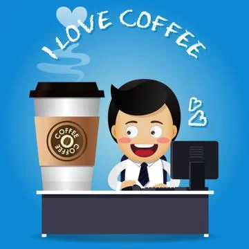 Man working on computer and big coffee cup Stock Illustration