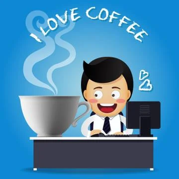 Man working on computer and big coffee cup Stock Illustration
