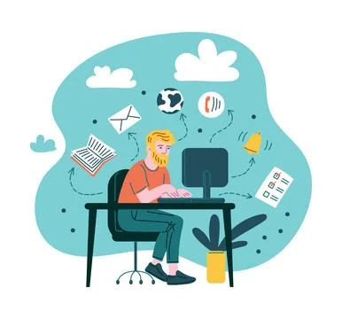 Man working at computer and doing many different tasks. Stockillustratie