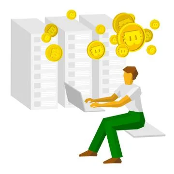 Man working on a computer and mining bitcoins Stock Illustration