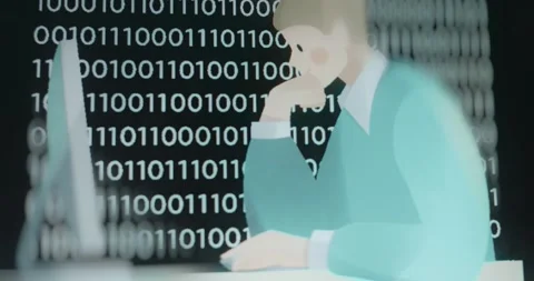 Man working on computer with binary code on background Video stock 313493122