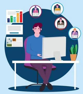 Man working on the computer business analysis connection with others people Illustrazione stock
