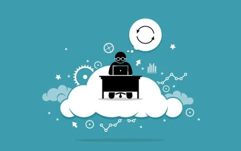 Man working with computer on the cloud. Vector artwork depicts cloud computin イラスト素材