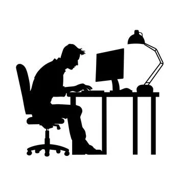 Man working on computer, designer, working on office, office staff slihouette イラスト素材