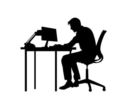 Man working on computer, designer, working on office, office staff slihouette イラスト素材