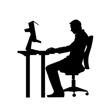 Man working on computer, designer, working on office, office staff slihouette イラスト素材
