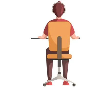 Man working on computer at desk. Back view of male employee sitting on chair at Stock Illustration