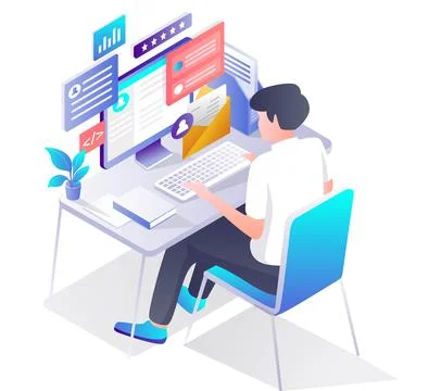 Man working with computer at desk Stock Illustration