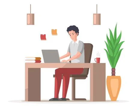 Man working on computer at desk. Male employee with laptop sitting at table of Stock Illustration