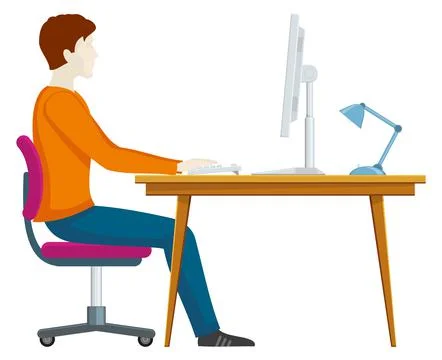 Man working at computer desk side view. Office job icon Stock Illustration