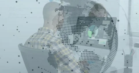 Man working at computer with digital globe and code overlay animation Stock Footage 304203080