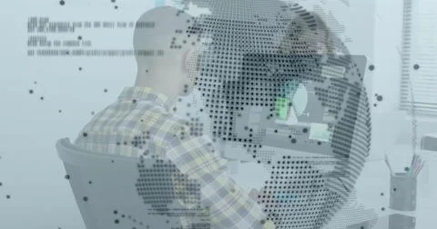 Man working at computer with digital globe and code overlay image Foto stock