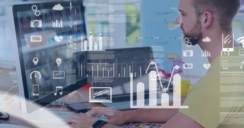 Man working on computer with digital interface graphics overlay in modern office Stock Illustration