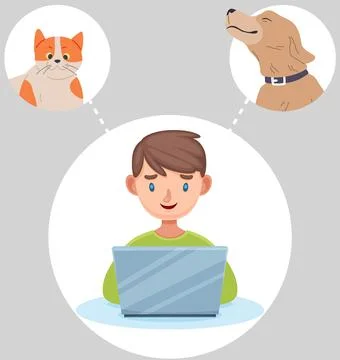 Man working with computer dreams obout pet. Guy sitting at workplace, thinking Stock Illustration