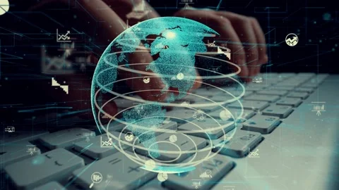 Man working on computer with graphic of business data analytic modernization Stock Footage 148030453
