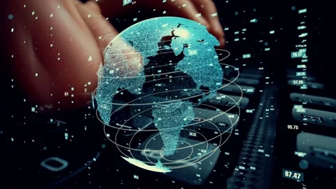 Man working on computer with graphic of mathematics coding modernization Stock Footage 148987628