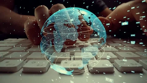 Man working on computer with graphic of mathematics coding modernization Stock Footage 152601457