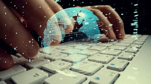 Man working on computer with graphic of mathematics coding modernization Video stock 153389618