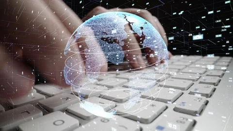 Man working on computer with graphic of mathematics coding modernization Stock Footage 153817321