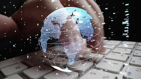 Man working on computer with graphic of mathematics coding modernization Video stock 154735529