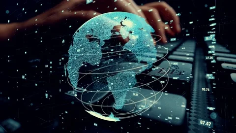 Man working on computer with graphic of mathematics coding modernization Video stock 154849074