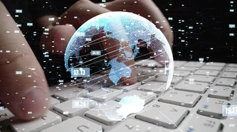 Man working on computer with graphic of mathematics coding moder Stock Photos