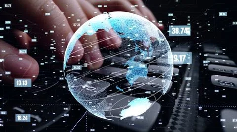 Man working on computer with graphic of mathematics coding moder Foto stock