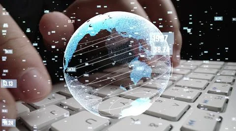 Man working on computer with graphic of mathematics coding moder Foto stock