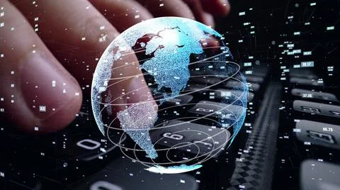 Man working on computer with graphic of mathematics coding moder Stock Photos