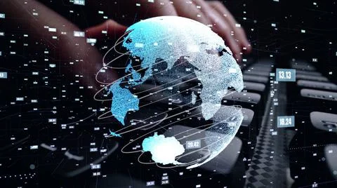 Man working on computer with graphic of mathematics coding moder Stock Photos