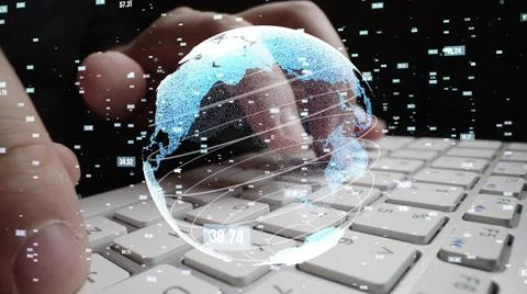 Man working on computer with graphic of mathematics coding moder Stock Photos