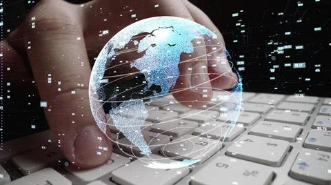 Man working on computer with graphic of mathematics coding moder Foto stock