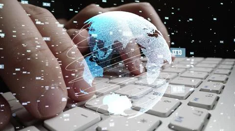 Man working on computer with graphic of mathematics coding moder Foto stock