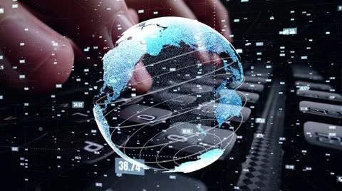 Man working on computer with graphic of mathematics coding moder Stock Photos