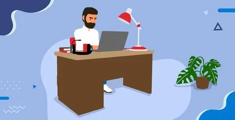 A man working with a computer at his desk Stock Illustration