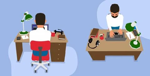 Man working with a computer at his desk Stock Illustration