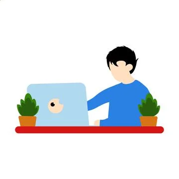 Man working on computer at home. Flat style.  illustration of a man working Stock Illustration