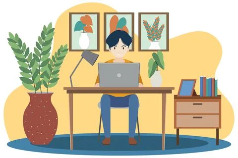 Man working on computer at home Illustrazione stock