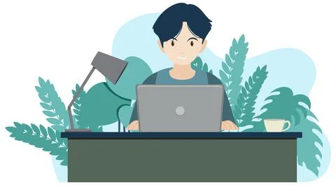 Man working on computer at home Ilustración de archivo