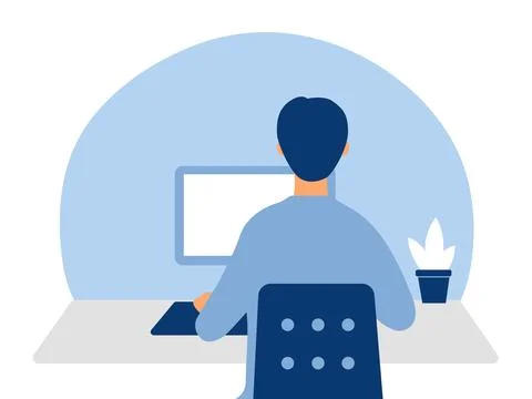 Man working on computer in home. Illustrazione stock