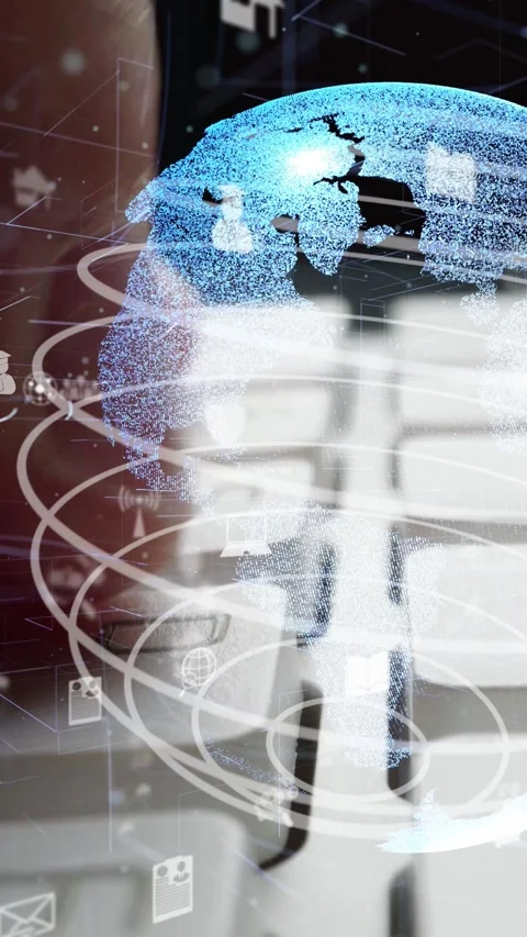 Man working on computer keyboard with graphic of internet network modernization Stock Footage 287118423