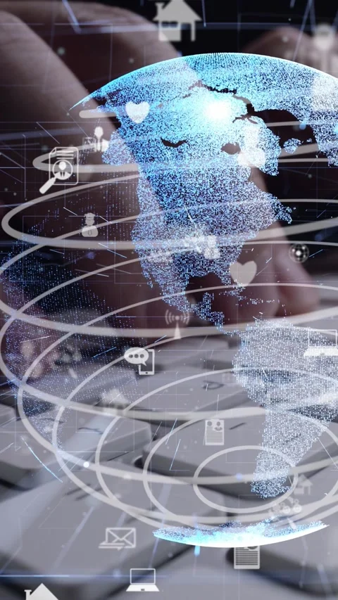 Man working on computer keyboard with graphic of internet network modernization Stock Footage 294704824