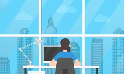 Man is working on the computer in the modern office near the window with skyscra Stock Illustration