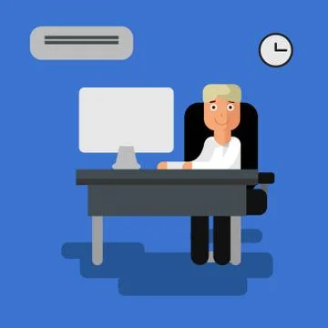 Man working at the computer office vector flat illustration Stock Illustration
