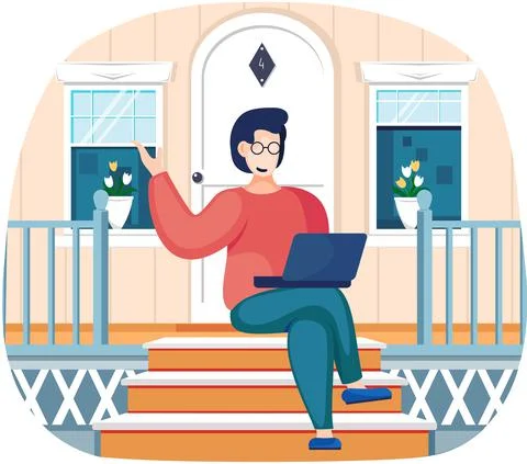 Man is working with computer outdoors. Guy with glasses on stairs is using Stock Illustration