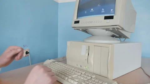 Man Working At The Computer. Retro Computer Technology Stock Footage 126340959